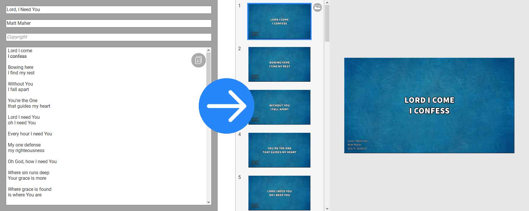 Image showing how Worship Slides converts text to slides.