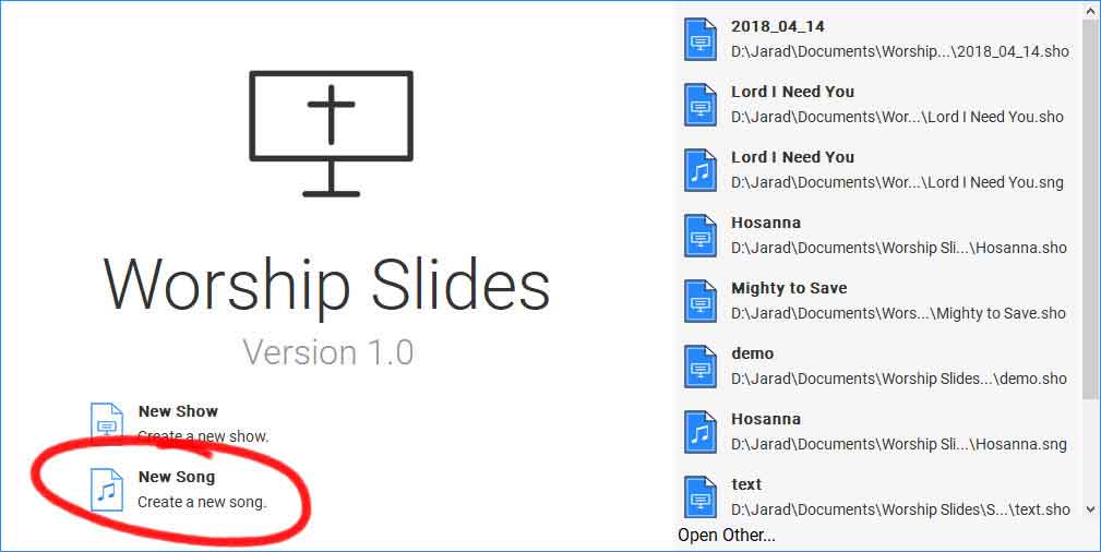 Worshop Slides welcome screen with option to create a new Song